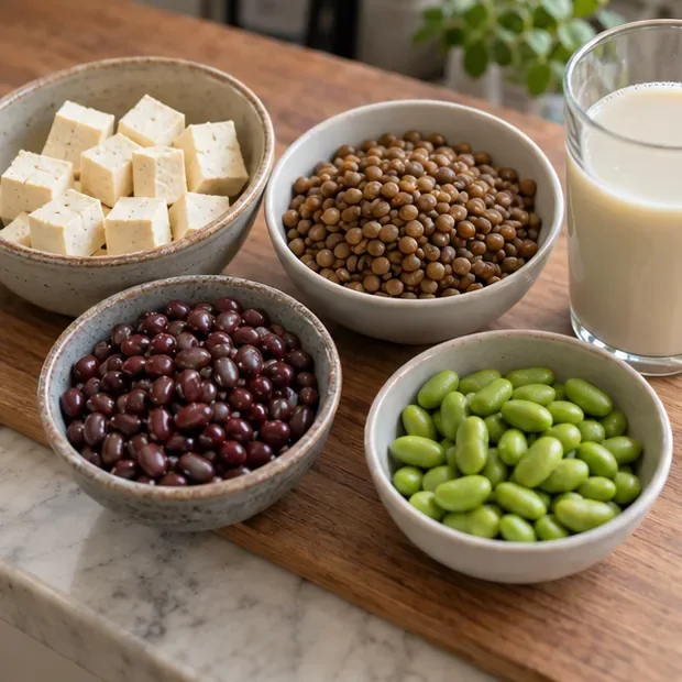 Na pultu byly aranžovány misky tofu, vařená čočka, černé fazole, edamame a sklenice sójového nápoje.
