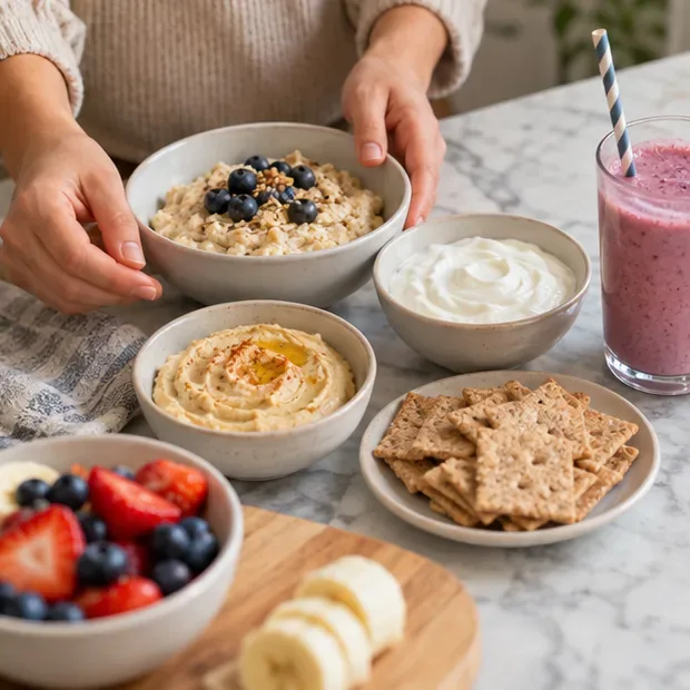 Malé misky ovesné kaše, jogurtu, hummusu s krekry, ovoce a smoothie, které byly připraveny jako skromné ​​porce velikosti svačiny.