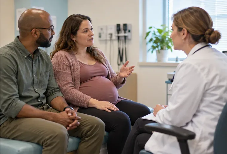 Těhotná žena hovoří s lékařem během prenatální návštěvy, zatímco její partner poslouchá vedle ní